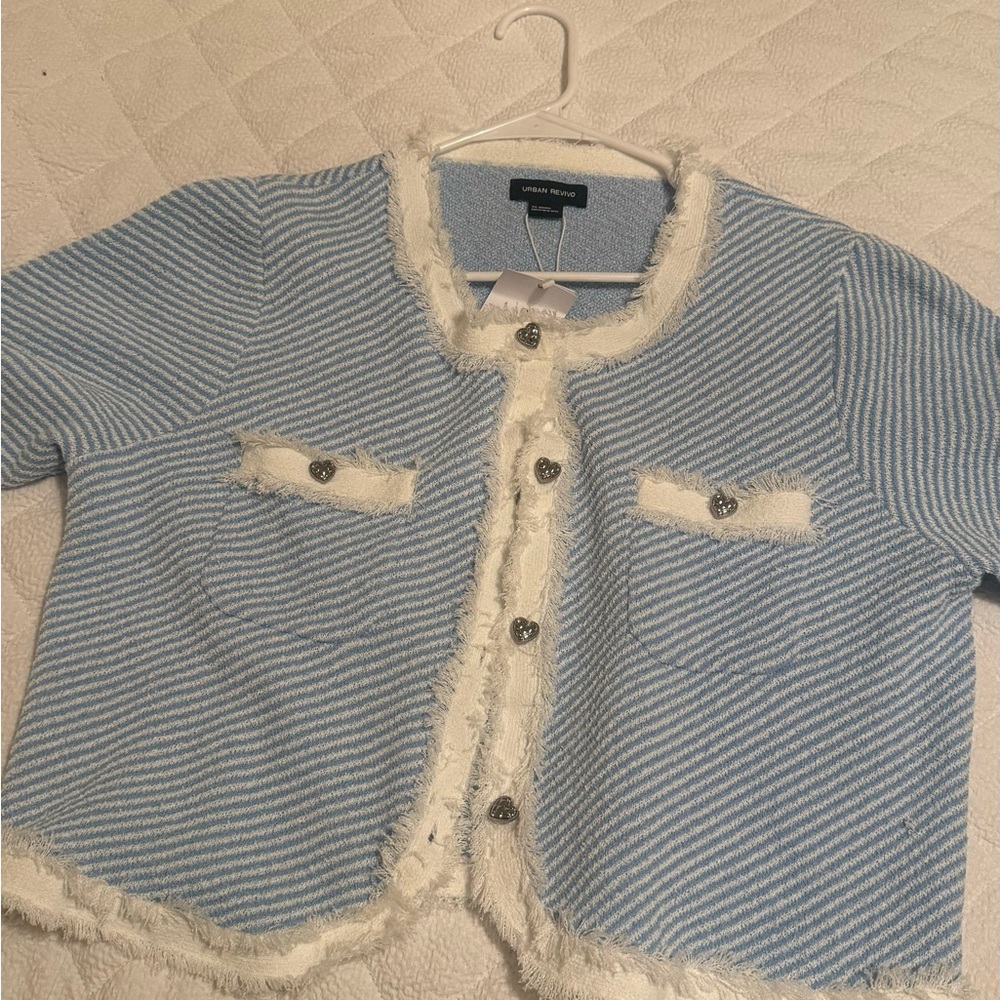 Blue and White Striped Short Sleeve Cardigan